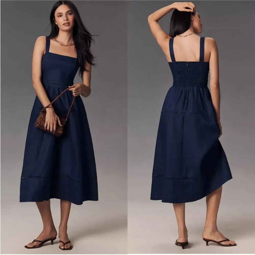 NWT Reformation Everett Linen Midi Dress in Danube (Navy Blue) Size 10 - Picture 1 of 8